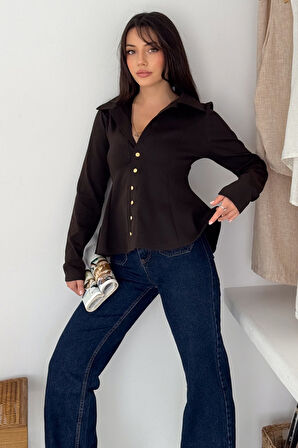 Kadın Altın Düğmeli Peplum Gömlek & Bluz – Güçlü & Şehirli Stil