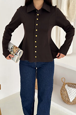 Kadın Altın Düğmeli Peplum Gömlek & Bluz – Güçlü & Şehirli Stil