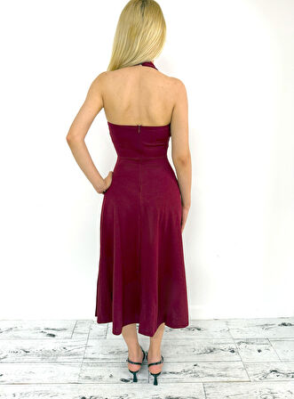 Boyundan Düğmeli kare yaka Midi elbise