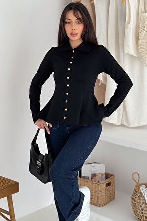 Kadın Altın Düğmeli Peplum Gömlek & Bluz – Güçlü & Şehirli Stil