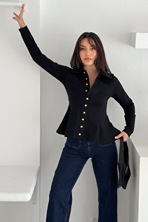 Kadın Altın Düğmeli Peplum Gömlek & Bluz – Güçlü & Şehirli Stil