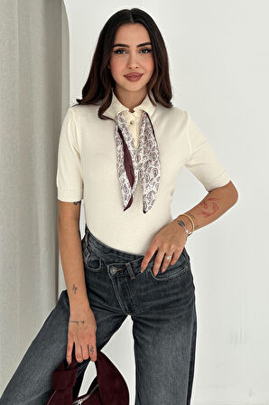 Kadın Polo Yaka Düğmeli Fular Detay Triko Kazak – Retro Accent