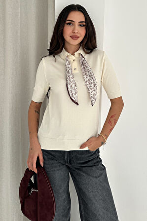 Kadın Polo Yaka Düğmeli Fular Detay Triko Kazak – Retro Accent