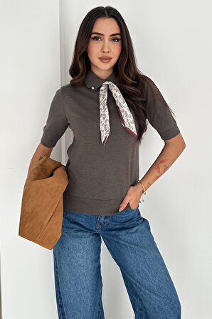 Kadın Polo Yaka Düğmeli Fular Detay Triko Kazak – Retro Accent