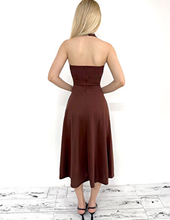 Boyundan Düğmeli kare yaka Midi elbise