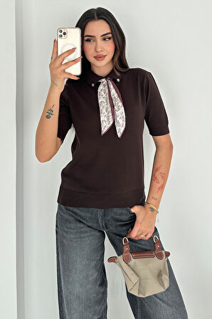 Kadın Polo Yaka Düğmeli Fular Detay Triko Kazak – Retro Accent