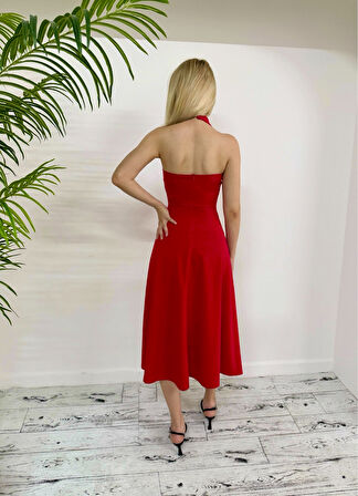 Boyundan Düğmeli kare yaka Midi elbise