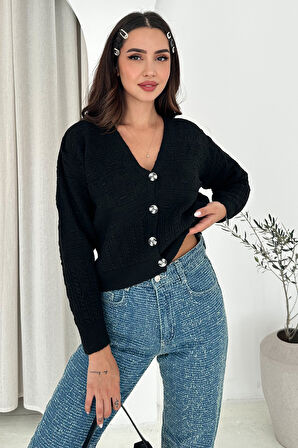 Kadın V Yaka Düğmeli Triko Hırka – Textured Grace