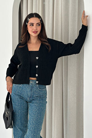 Kadın V Yaka Düğmeli Triko Hırka – Textured Grace