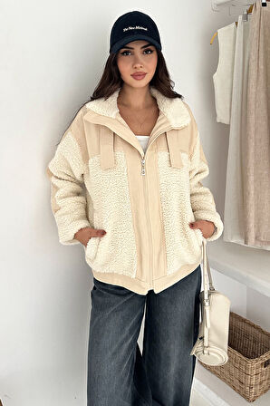 Kadın Renk Bloklu Fermuarlı Sherpa Mont – Cozy Contrast