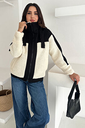 Kadın Renk Bloklu Fermuarlı Sherpa Mont – Cozy Contrast