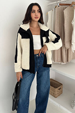Kadın Renk Bloklu Fermuarlı Sherpa Mont – Cozy Contrast