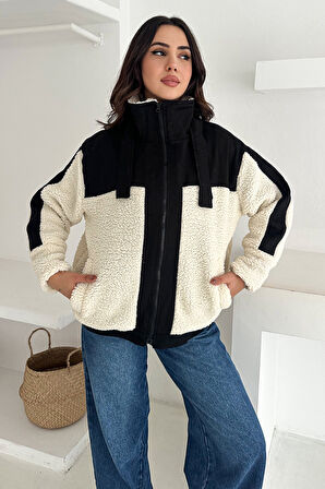 Kadın Renk Bloklu Fermuarlı Sherpa Mont – Cozy Contrast