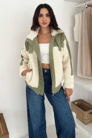 Kadın Renk Bloklu Fermuarlı Sherpa Mont – Cozy Contrast