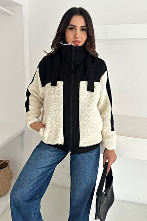 Kadın Renk Bloklu Fermuarlı Sherpa Mont – Cozy Contrast