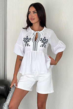 Kadın Nakış Detaylı Bağlamalı Peplum Gömlek – Summer Bloom