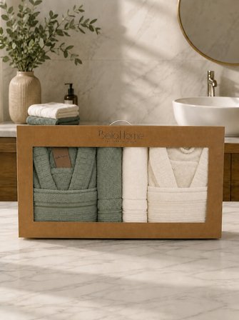Bella Home 8 Parça Krinkıl Aile Bornoz Seti | Çeyizlik & Günlük Kullanım | Lüks Kutulu