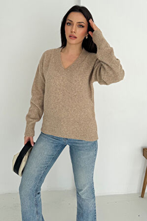 Kadın V Yaka Uzun Kollu Triko Kazak – Soft Classic