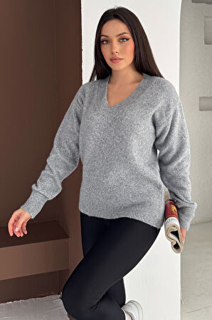 Kadın V Yaka Uzun Kollu Triko Kazak – Soft Classic