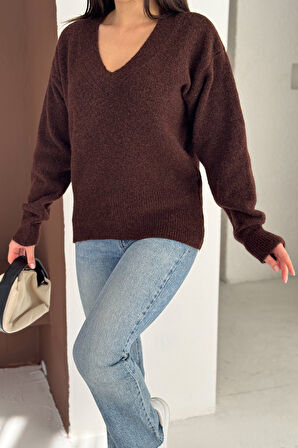 Kadın V Yaka Uzun Kollu Triko Kazak – Soft Classic