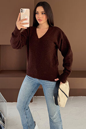 Kadın V Yaka Uzun Kollu Triko Kazak – Soft Classic