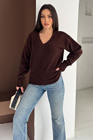 Kadın V Yaka Uzun Kollu Triko Kazak – Soft Classic