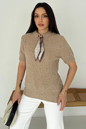 Kadın Kısa Kollu Fular Detaylı Triko Kazak – Soft Elegance