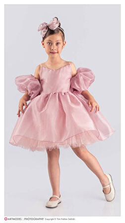 Kol Detaylı Kız Çocuk Abiye Elbise ve Taç  - 6/10 Yaş - 31536