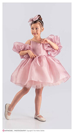 Kol Detaylı Kız Çocuk Abiye Elbise ve Taç  - 6/10 Yaş - 31536