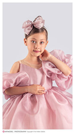 Kol Detaylı Kız Çocuk Abiye Elbise ve Taç  - 6/10 Yaş - 31536