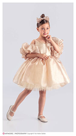 Kol Detaylı Kız Çocuk Abiye Elbise ve Taç  - 6/10 Yaş - 31536