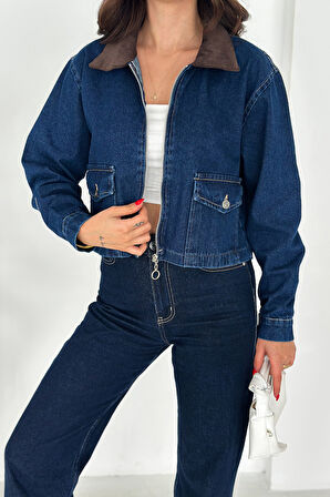 Kadın Kadife Yakalı Fermuarlı Denim Ceket – Retro Core