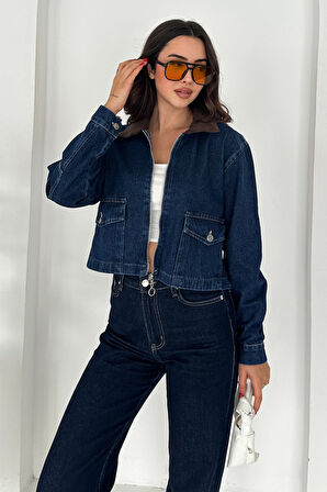 Kadın Kadife Yakalı Fermuarlı Denim Ceket – Retro Core
