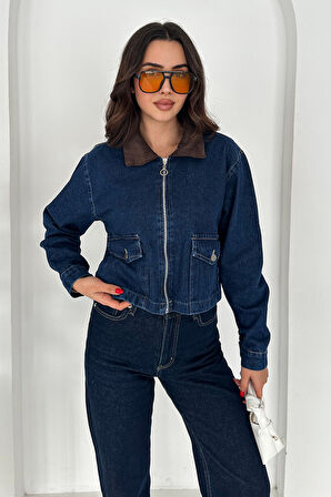 Kadın Kadife Yakalı Fermuarlı Denim Ceket – Retro Core