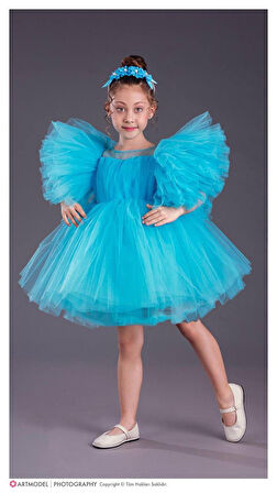 Kol Kabartmalı Kız Çocuk Abiye Elbise ve Taç - 3/10 Yaş - 31537