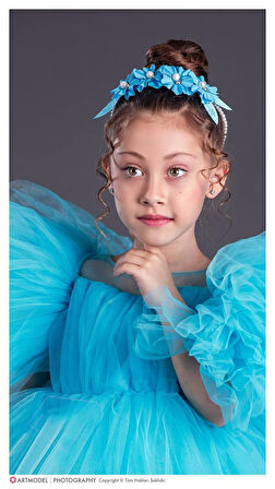 Kol Kabartmalı Kız Çocuk Abiye Elbise ve Taç - 3/10 Yaş - 31537