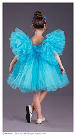 Kol Kabartmalı Kız Çocuk Abiye Elbise ve Taç - 3/10 Yaş - 31537