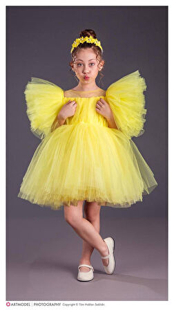 Kol Kabartmalı Kız Çocuk Abiye Elbise ve Taç - 3/10 Yaş - 31537