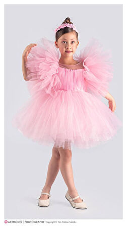 Kol Kabartmalı Kız Çocuk Abiye Elbise ve Taç - 3/10 Yaş - 31537