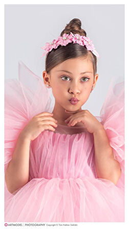 Kol Kabartmalı Kız Çocuk Abiye Elbise ve Taç - 3/10 Yaş - 31537