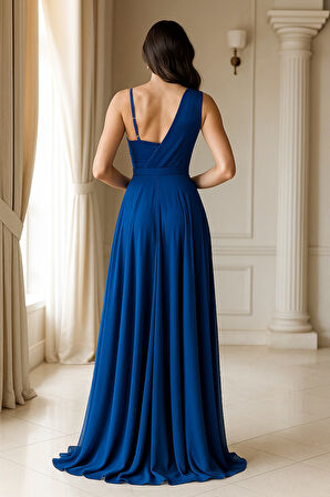 V Yaka Tek Omuz Renkli Desenli Tül Abiye Elbise