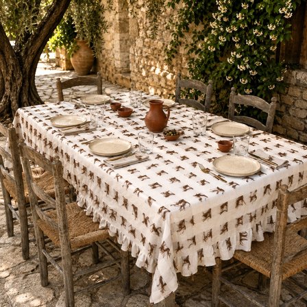 Buldan Keteni Püsküllü Fırfırlı Bohem Masa Örtüsü – Naturel Kahve