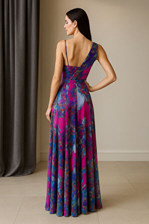 V Yaka Tek Omuz Renkli Desenli Tül Abiye Elbise