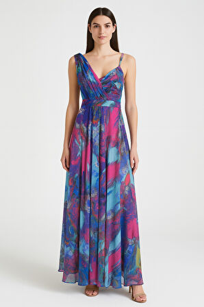 V Yaka Tek Omuz Renkli Desenli Tül Abiye Elbise