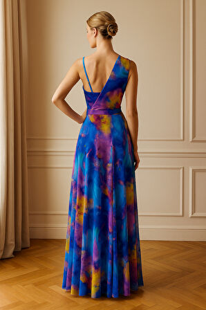 V Yaka Tek Omuz Renkli Desenli Tül Abiye Elbise