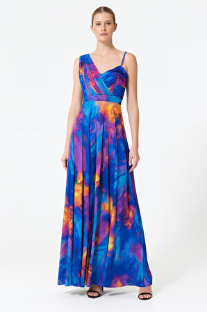 V Yaka Tek Omuz Renkli Desenli Tül Abiye Elbise