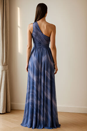 Tek Omuz Desenli Tül Abiye Elbise