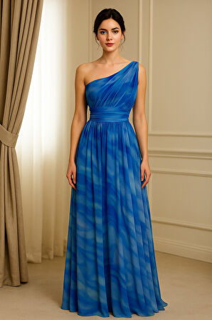 Tek Omuz Desenli Tül Abiye Elbise