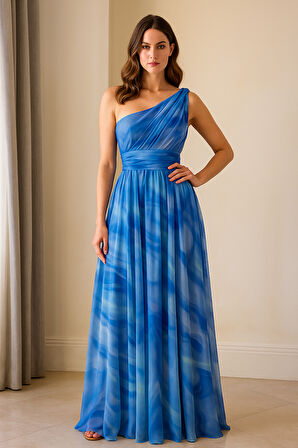 Tek Omuz Desenli Tül Abiye Elbise