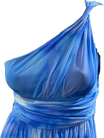 Tek Omuz Desenli Tül Abiye Elbise